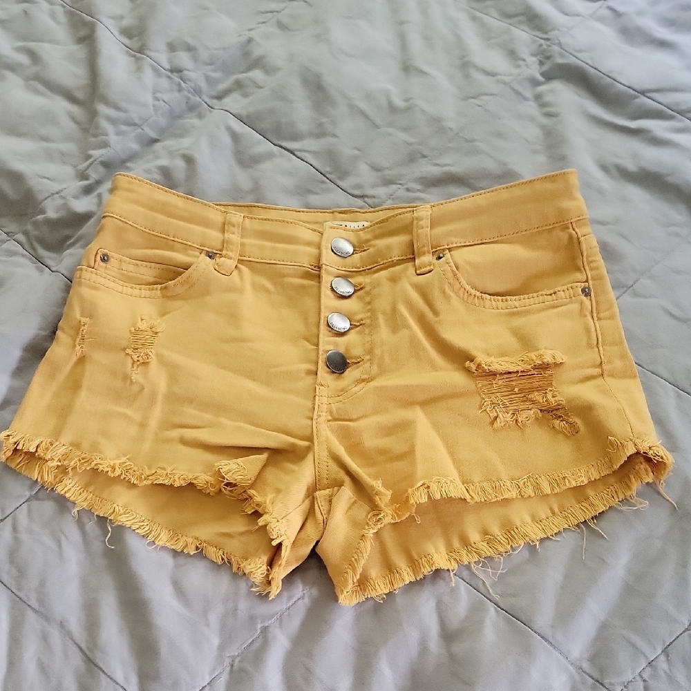 Billabong Yellow Button-Up Women's Shorts With Destruction Detail